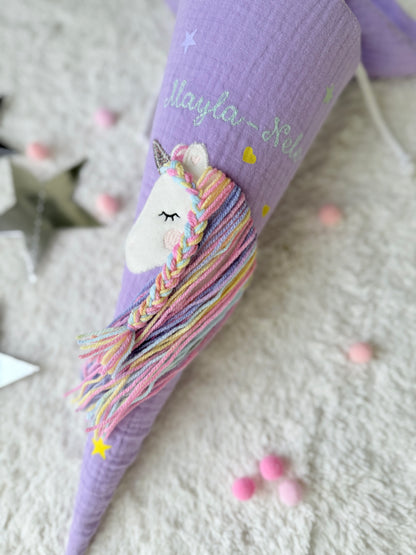 Musselin Geschwistertüte | Kitatüte | Einhorn Regenbogenmähne Sterne & Herzen | Kissen Inlett