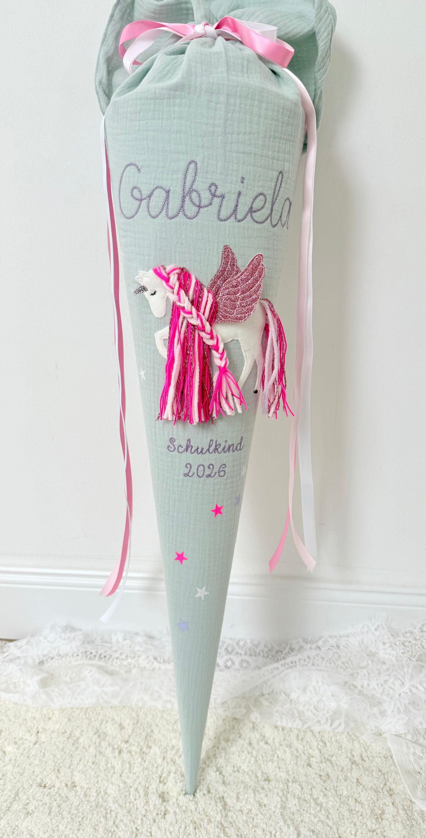 Musselin Schultüte 70 cm & Kita/Geschwistertüte 35 cm | Einhorn mit Flügeln | Pegasus mit Pinker Mähne Rose glitzernd | Kissen Inlett