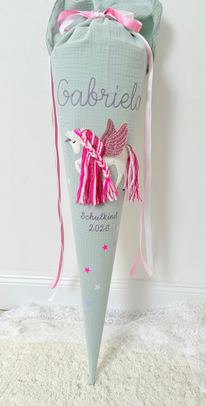 Musselin Schultüte 70 cm & Kita/Geschwistertüte 35 cm | Einhorn mit Flügeln | Pegasus mit Pinker Mähne Rose glitzernd | Kissen Inlett
