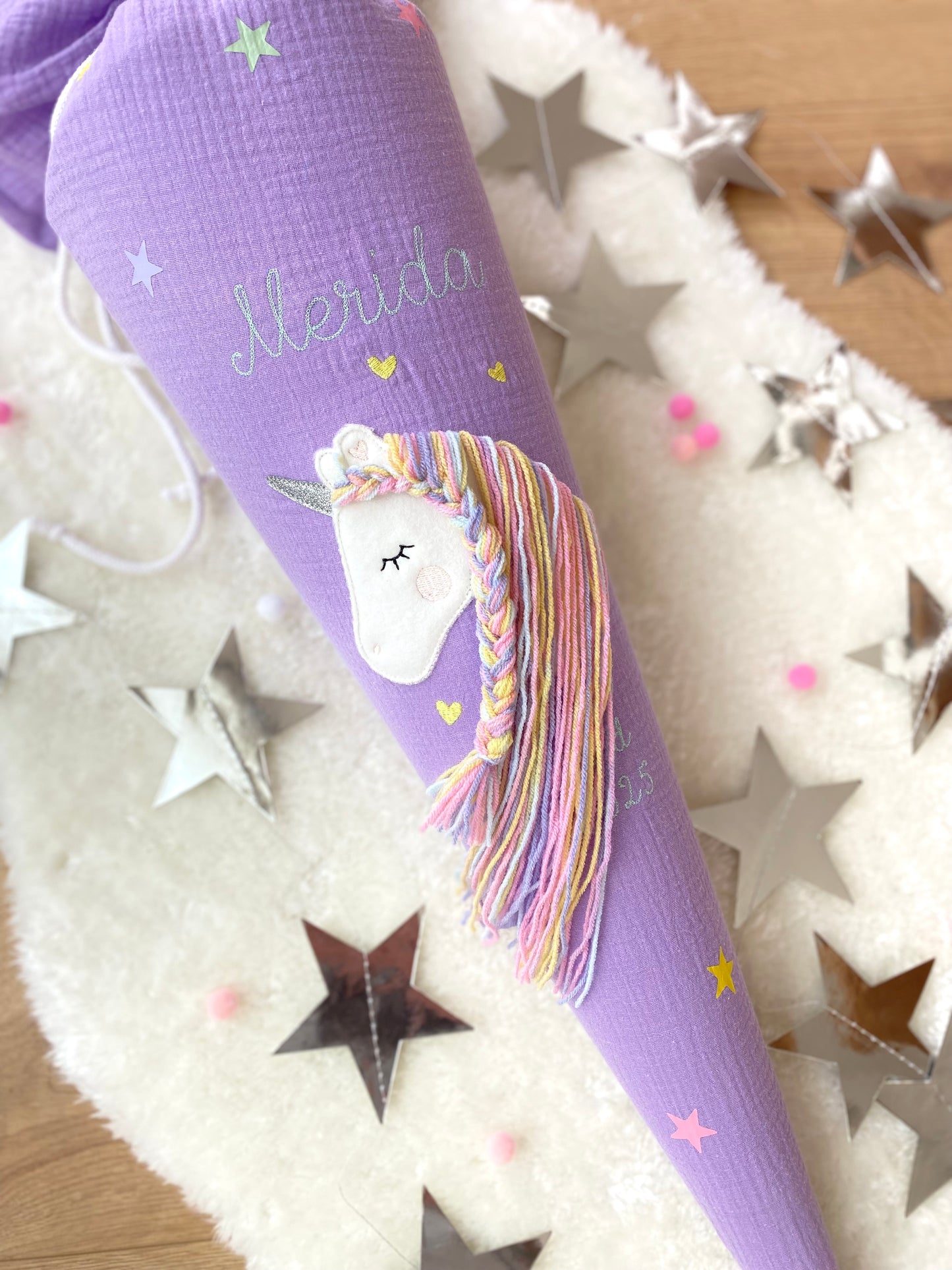 Musselin Schultüte 70 cm | Einhorn Regenbogenmähne | Kissen Inlett