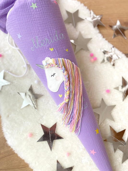 Musselin Schultüte 70 cm | Einhorn Regenbogenmähne | Kissen Inlett