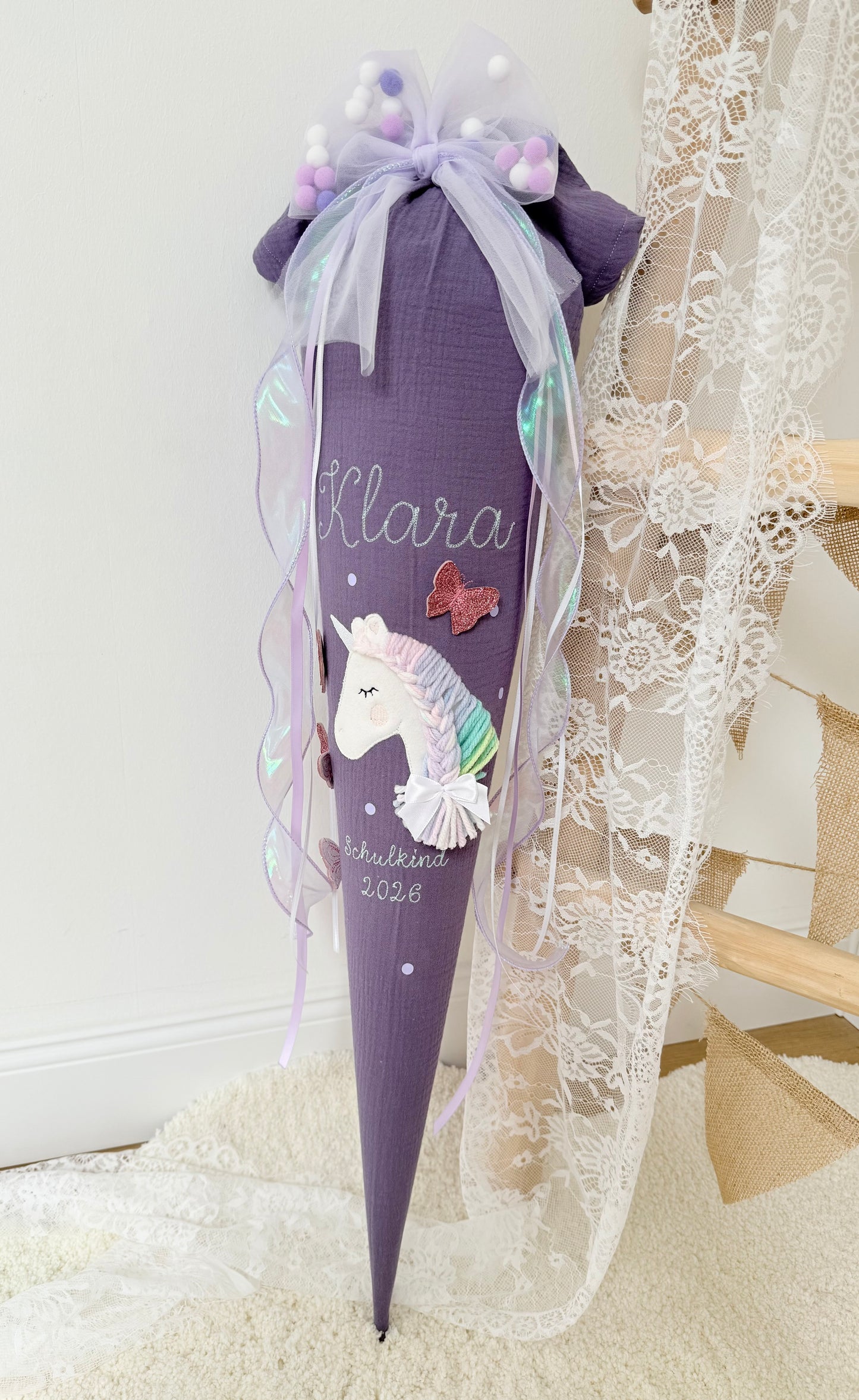 Musselin Schultüte für Mädchen 70cm, Einhorn mit Schmetterlingen – personalisiert inkl. Rohling optional mit Inlett Kissen | Schultüte aus Stoff