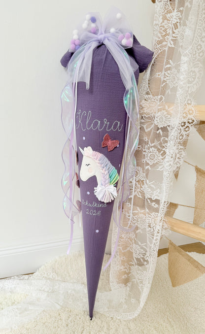 Musselin Schultüte für Mädchen 70cm, Einhorn mit Schmetterlingen – personalisiert inkl. Rohling optional mit Inlett Kissen | Schultüte aus Stoff