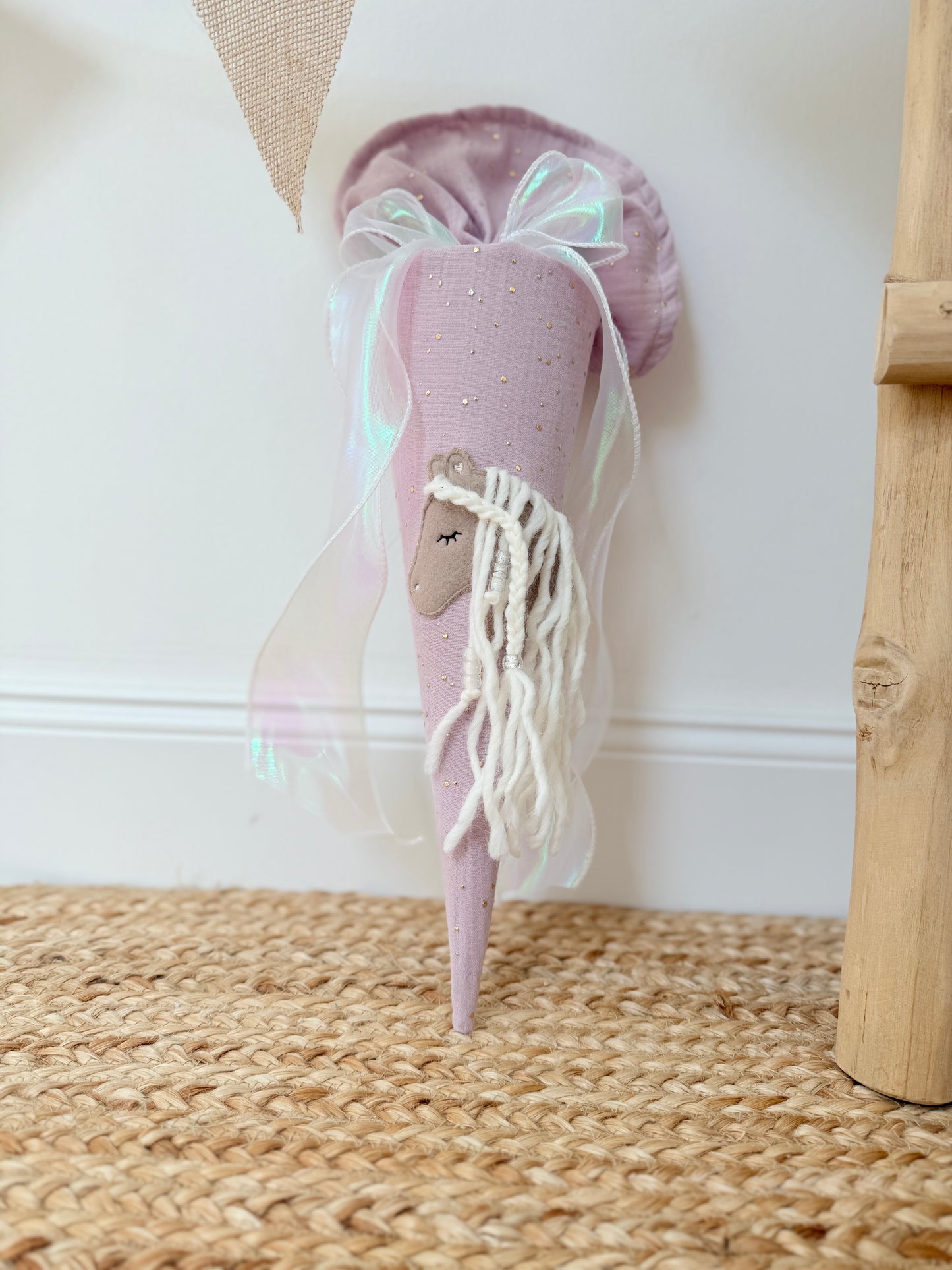 Haflinger | Pony | Fohlen Musselin mit goldenen Punkten Geschwistertüte 35 cm | Einhorn | Regenbogenfarbe | Kissen Inlett