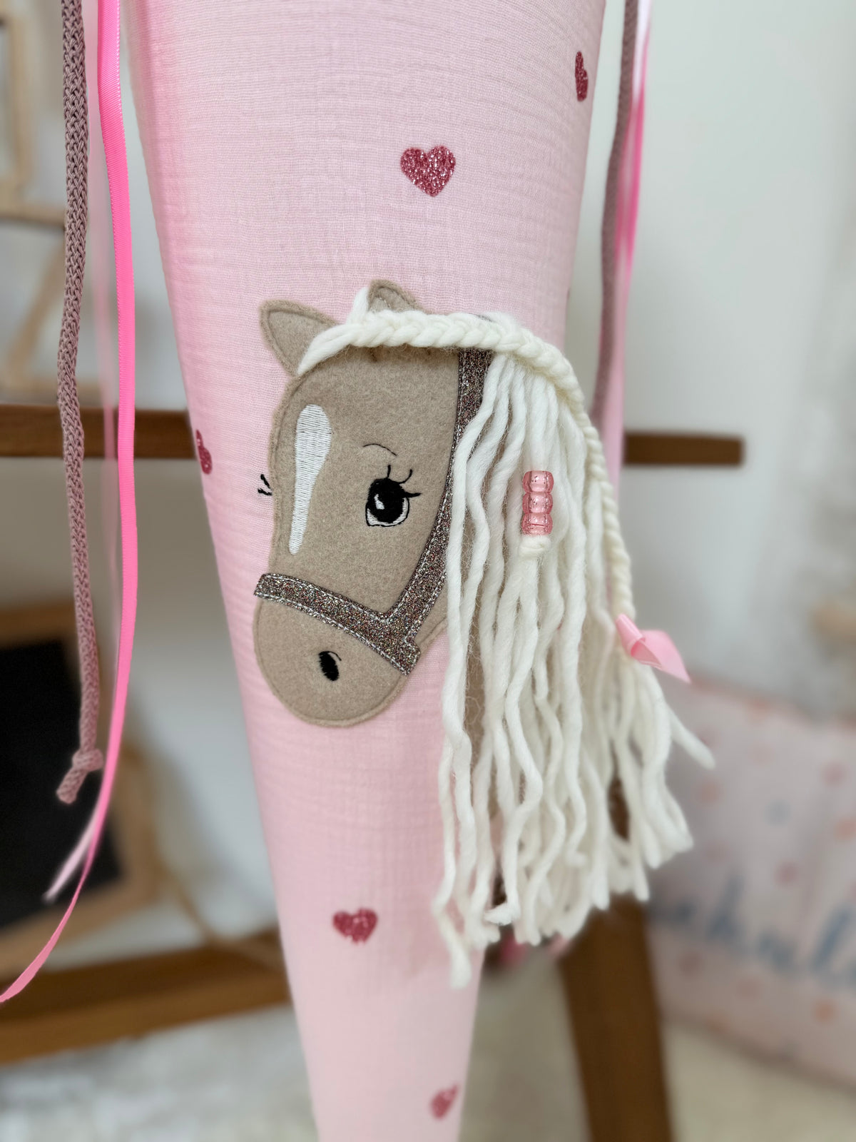 Musselin Schultüte 70 cm  Haflinger, Pferd, personalisiert inkl. Rohling- optional mit Pompon-Tüllschleife & Kissen