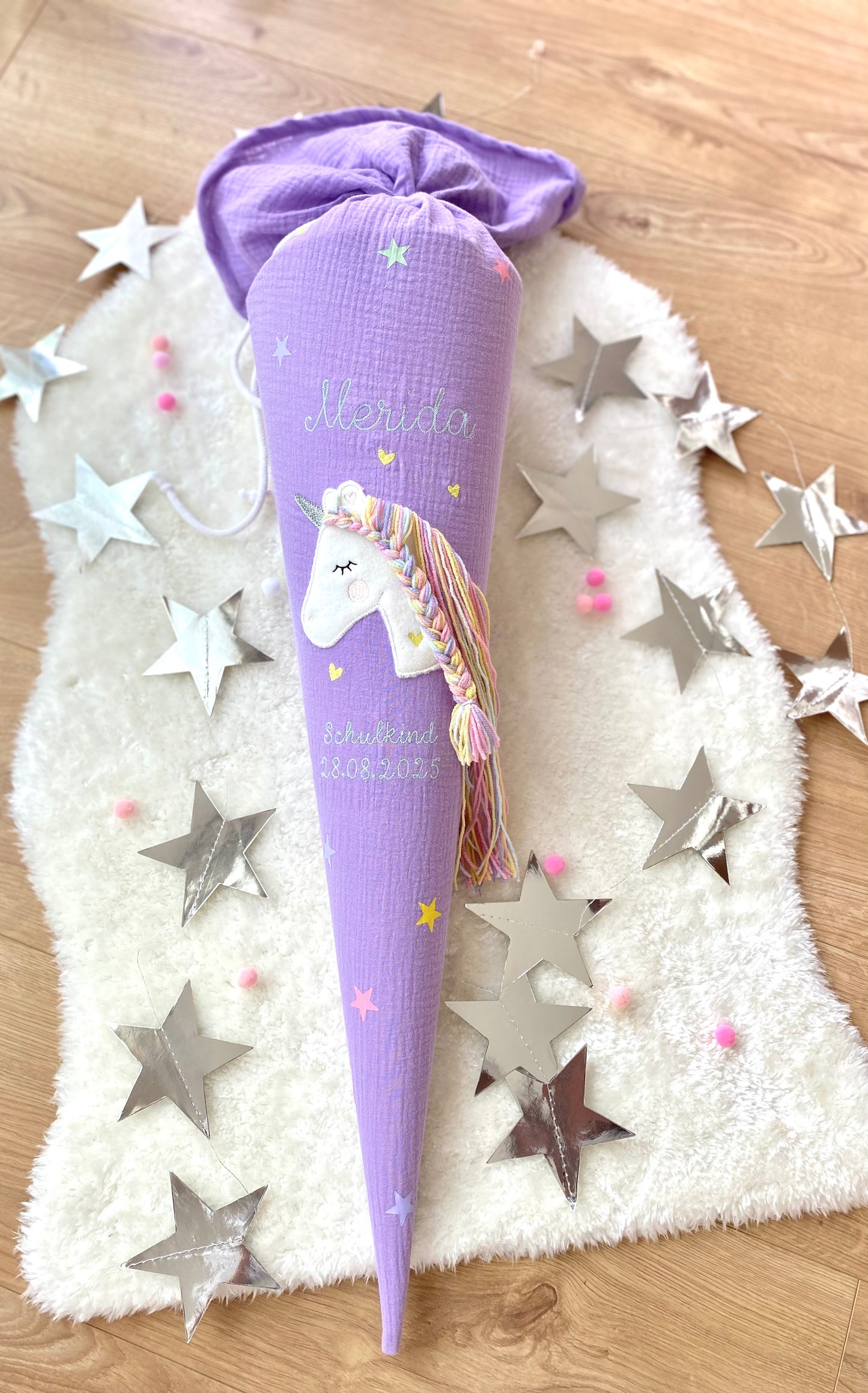 Musselin Schultüte 70 cm | Einhorn Regenbogenmähne | Kissen Inlett