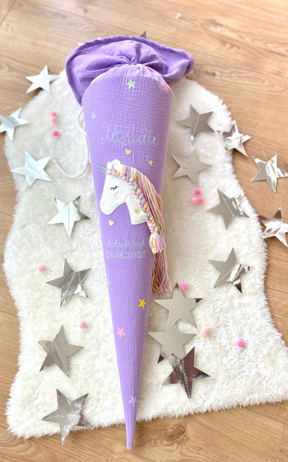 Musselin Schultüte 70 cm | Einhorn Regenbogenmähne | Kissen Inlett
