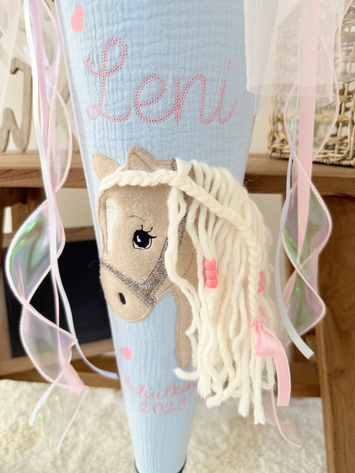 Musselin Schultüte 70 cm  Haflinger, Pferd, personalisiert inkl. Rohling- optional mit Pompon-Tüllschleife & Kissen