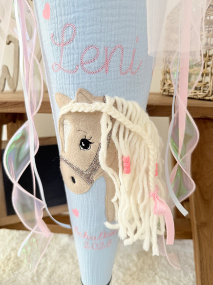 Musselin Schultüte 70 cm  Haflinger, Pferd, personalisiert inkl. Rohling- optional mit Pompon-Tüllschleife & Kissen