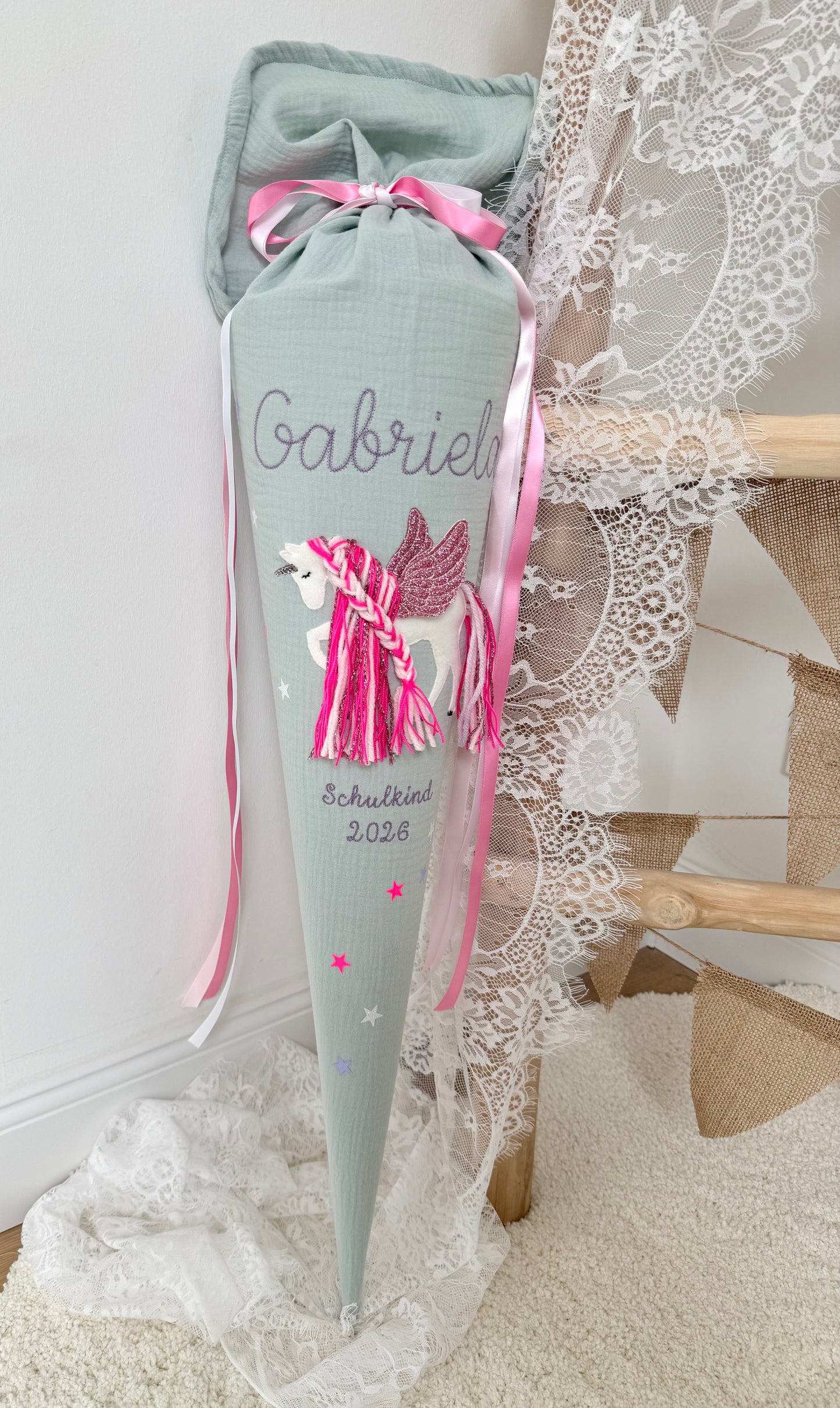 Musselin Schultüte 70 cm & Kita/Geschwistertüte 35 cm | Einhorn mit Flügeln | Pegasus mit Pinker Mähne Rose glitzernd | Kissen Inlett