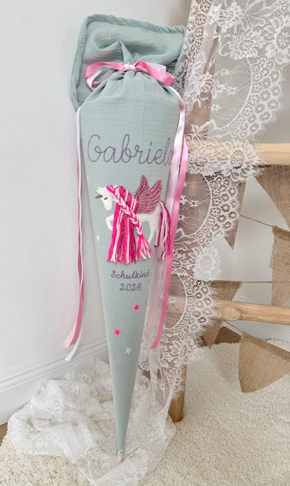 Musselin Schultüte 70 cm & Kita/Geschwistertüte 35 cm | Einhorn mit Flügeln | Pegasus mit Pinker Mähne Rose glitzernd | Kissen Inlett