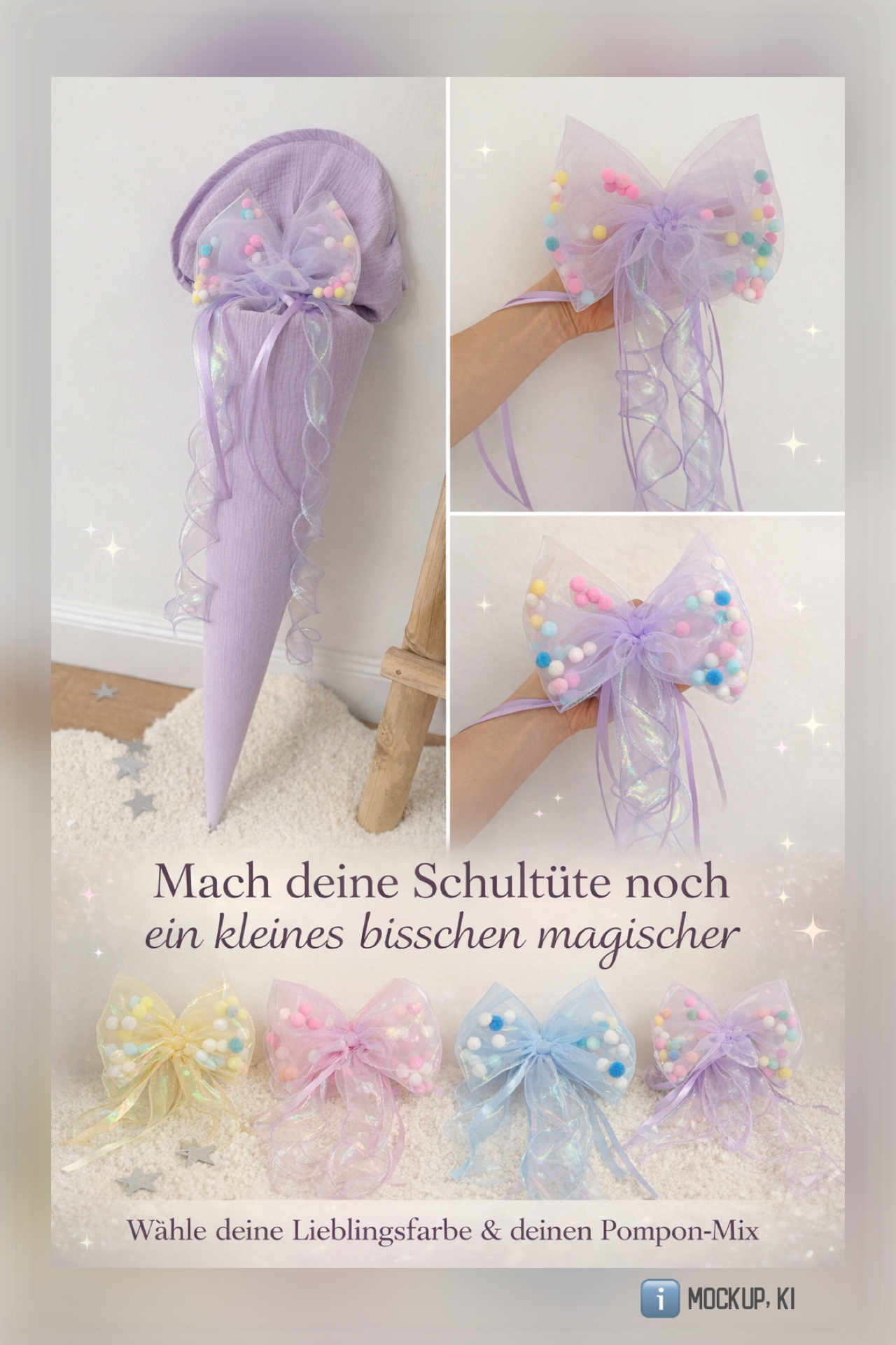Dein Design Tüllschleife - Pompon Schleife für Schultüte (70 cm), Kita- & Geschwistertüten (35 cm)