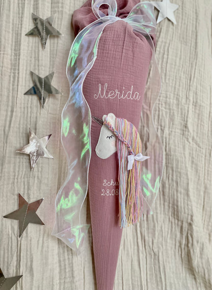 Musselin Schultüte 70 cm | Einhorn Regenbogenmähne | Hologramm Schleifenband | Kissen Inlett