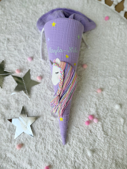 Musselin Geschwistertüte | Kitatüte | Einhorn Regenbogenmähne Sterne & Herzen | Kissen Inlett