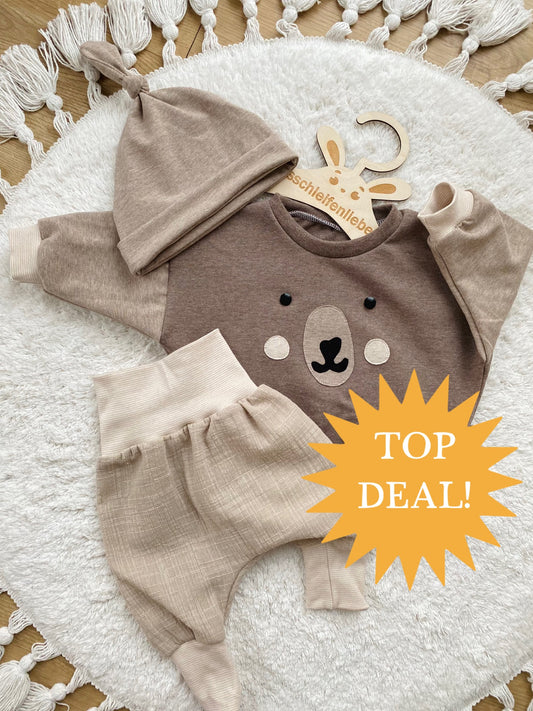 Top Deal! | Komplettes Outfit | Oversized Sweater | Knotenmütze | Hose aus Musselin