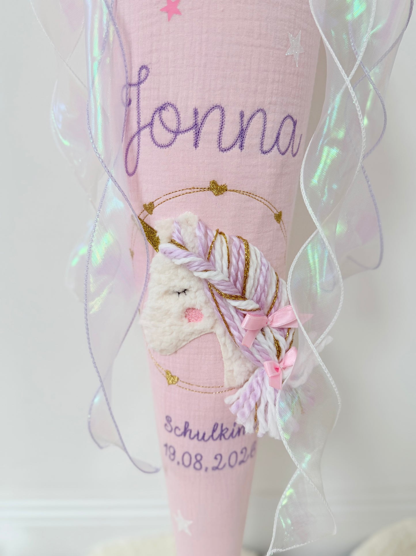Musselin Schultüte für Mädchen Wuschelkopf Einhorn  – personalisiert inkl. Rohling optional mit Inlett Kissen | Schultüte aus Stoff