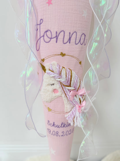 Musselin Schultüte für Mädchen Wuschelkopf Einhorn  – personalisiert inkl. Rohling optional mit Inlett Kissen | Schultüte aus Stoff