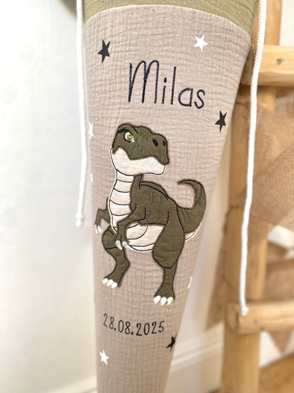 Musselin Schultüte | Color Blocking | T-Rex Dino 70 cm | Kissen Inlett