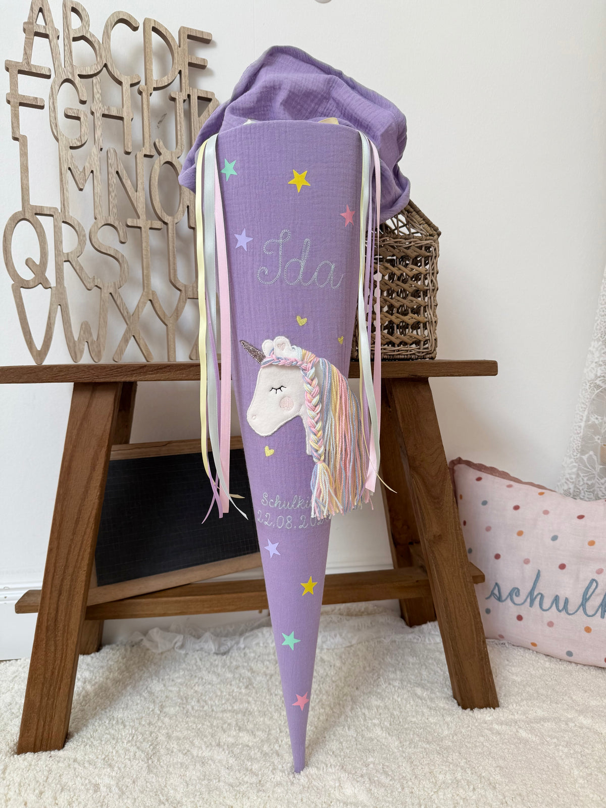Dein Design Musselin Schultüte 70 cm Einhorn, personalisiert- optional mit Kissen