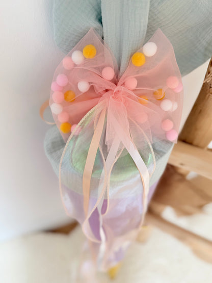 Pompon-Tüllschleife, Pfirsich Gelb Holoband, Schleife passend für Schultüten ab 70 cm, Kita- & Geschwistertüten ab 35 cm