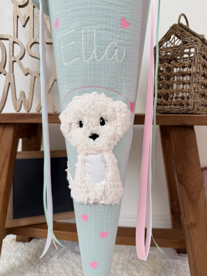 Musselin Schultüte 70 cm Mint, Rosa Herzen, Hund, Welpe zur Einschulung für Mädchen, optional mit Pompon-Tüllschleife und Kisseninlett