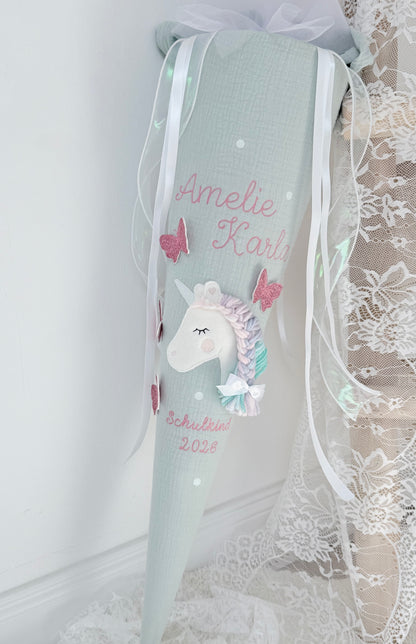 Musselin Schultüte für Mädchen 70cm, Einhorn mit Schmetterlingen – personalisiert inkl. Rohling optional mit Inlett Kissen | Schultüte aus Stoff