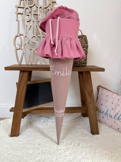 Basic Musselin Schultüte mit Rüsche und goldenen Punkten 70 cm, viele Farben, personalisierbar, Kisseninlett optional