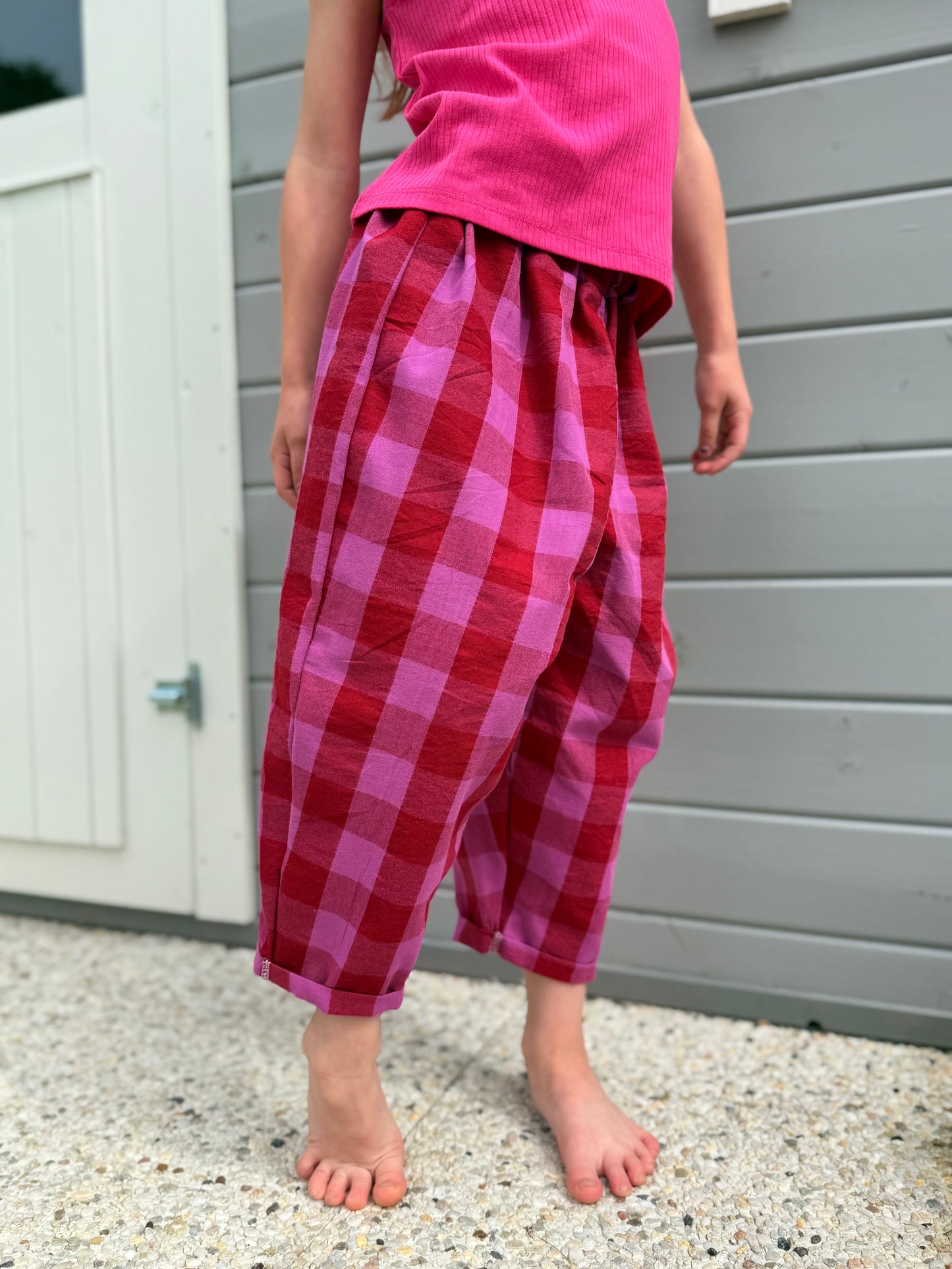 Karierte Hose, Loose Fit Hose Kinderhose, Weite Passform, Karohose Karo Rot/Pink