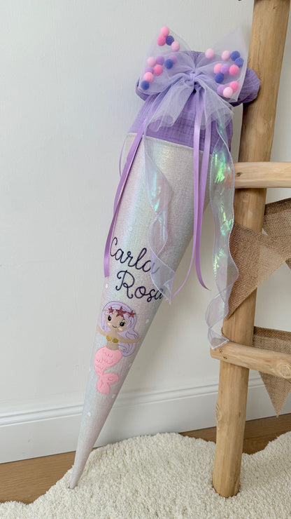 Lila/Rosa Tüllschleife - Pompon Schleife für Schultüte (70 cm), Kita- & Geschwistertüten (35 cm)