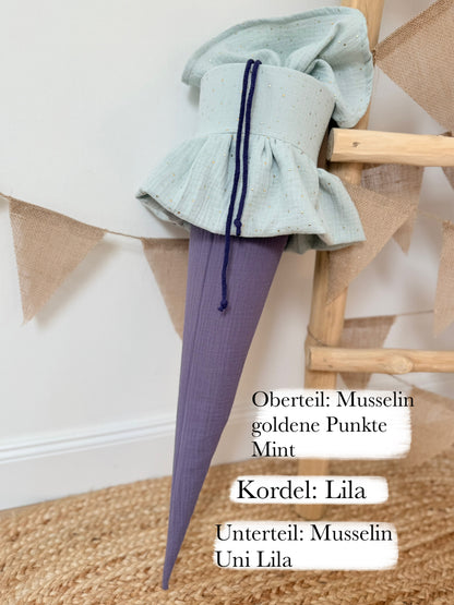 Basic Musselin Schultüte mit Rüsche und goldenen Punkten 70 cm, viele Farben, personalisierbar, Kisseninlett optional