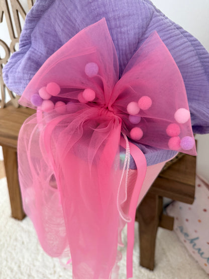 Musselin Schultüte 70 cm Rosa, Lila, Weiße Katze zur Einschulung für Mädchen, optional mit Pompon-Tüllschleife und Kissen