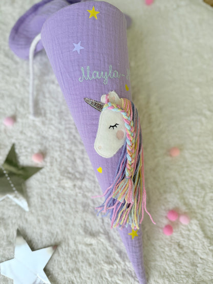 Musselin Geschwistertüte | Kitatüte | Einhorn Regenbogenmähne Sterne & Herzen | Kissen Inlett