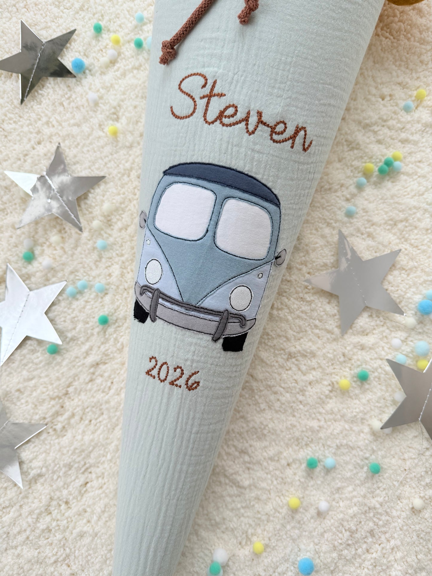 Musselin Schultüte für Jungen Bus, personalisierte Schultüte aus Stoff inkl. Kisseninlett