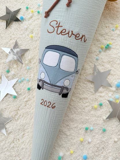 Musselin Schultüte für Jungen Bus, personalisierte Schultüte aus Stoff inkl. Kisseninlett