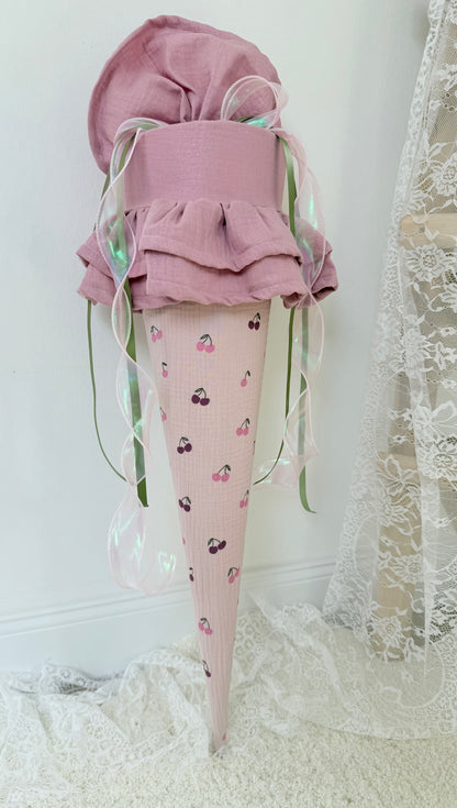 Musselin Schultüte Kirsche mit Rüsche für Mädchen 70cm, inklusive Rohling, optional mit Inlett Kissen | Schultüte aus Stoff