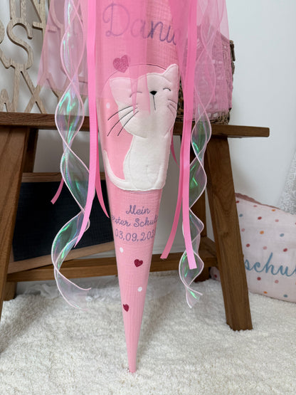 Musselin Schultüte 70 cm Rosa, Lila, Weiße Katze zur Einschulung für Mädchen, optional mit Pompon-Tüllschleife und Kissen