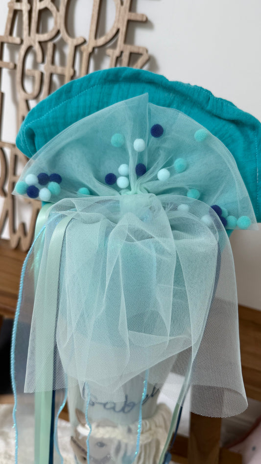 Pompon-Tüllschleife Türkis/Dunkelblau für Schultüten ab 70 cm & 35 cm, Schleife für Schultüten Kita- und Geschwistertüten