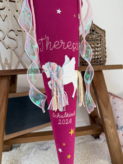 Dein Design | Musselin Schultüte Pegasus 70 cm & Geschwistertüte 35 cm zum selber gestalten | Einhorn mit Flügeln, optional mit Inlettkissen