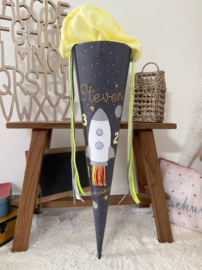 Musselin Schultüte 70 cm Raketenstart mit Countdown, Rakete, Weltraum, gold Effekte, personalisiert- optional mit Kissen
