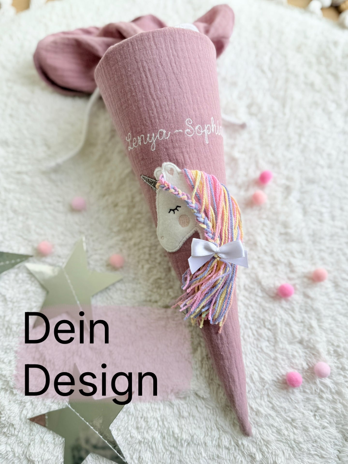 Dein Design | Musselin Kitatüte Geschwistertüte 35 cm | Einhorn Regenbogenmähne | Kissen Inlett