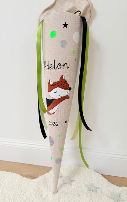Musselin Schultüte 70 cm | Superhelden schlauer Fuchs | Kissen Inlett