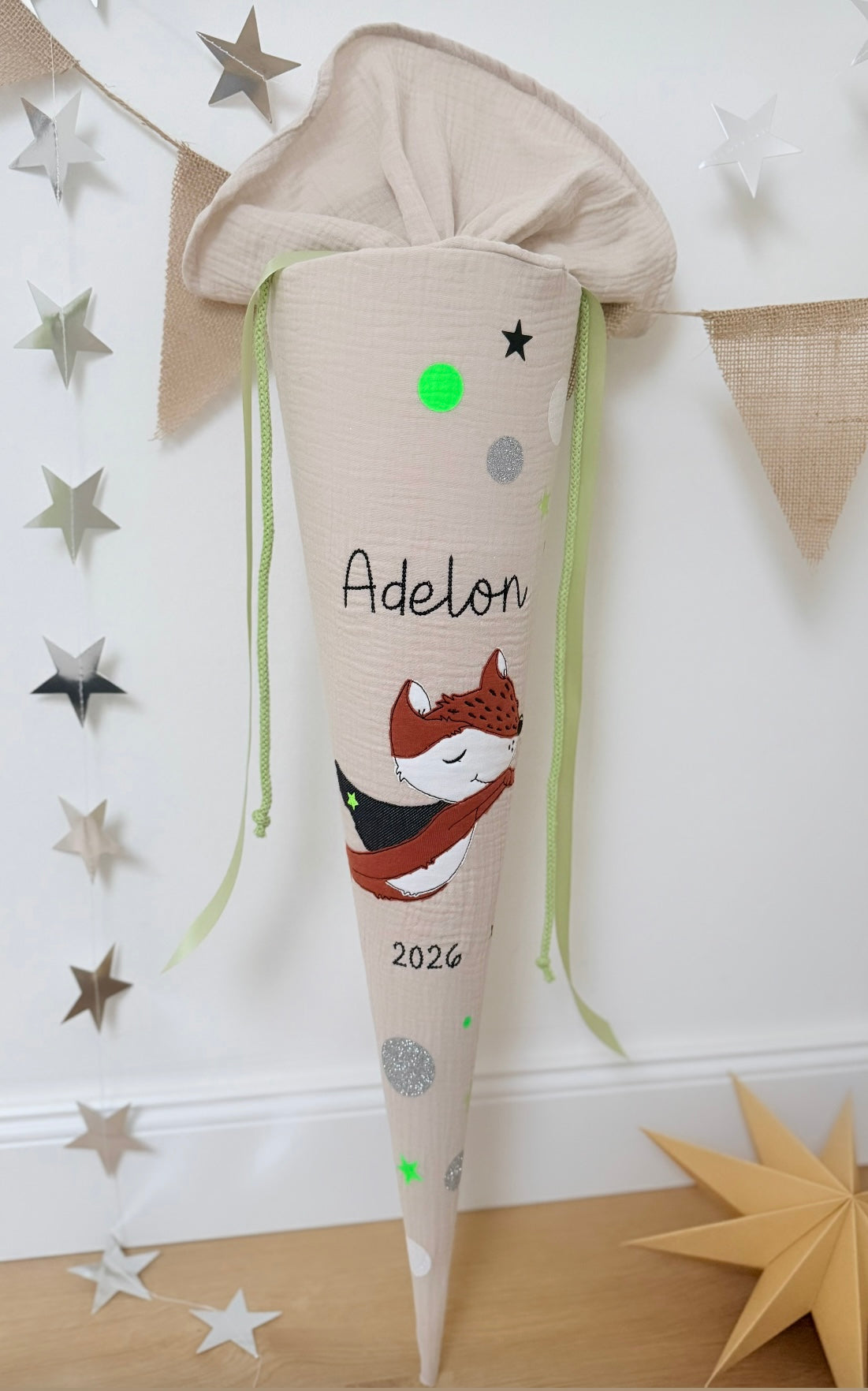 Musselin Schultüte 70 cm | Superhelden schlauer Fuchs | Kissen Inlett