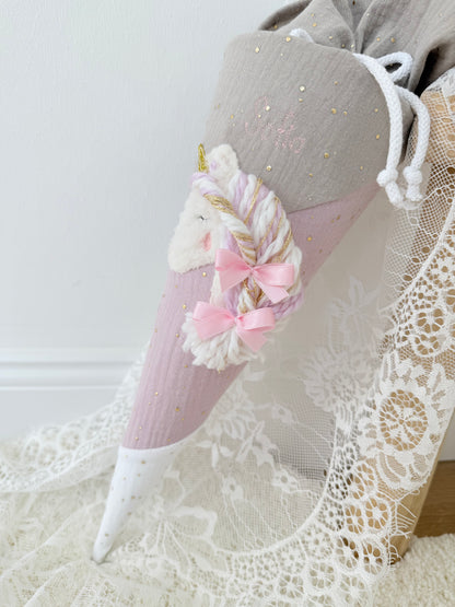 Musselin Kita- & Geschwistertüte 35 cm, Bonbon Design mit Wuschelkopf-Einhorn, goldenen Punkten, optional mit Inlettkissen