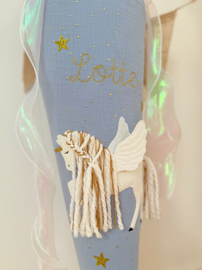 Dein Design | Gold Musselin Schultüte 70 cm | Einhorn mit Flügeln | Pegasus | Kissen Inlett