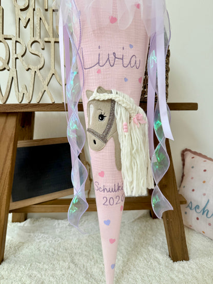 Musselin Schultüte 70 cm  Haflinger, Pferd, personalisiert inkl. Rohling- optional mit Pompon-Tüllschleife & Kissen