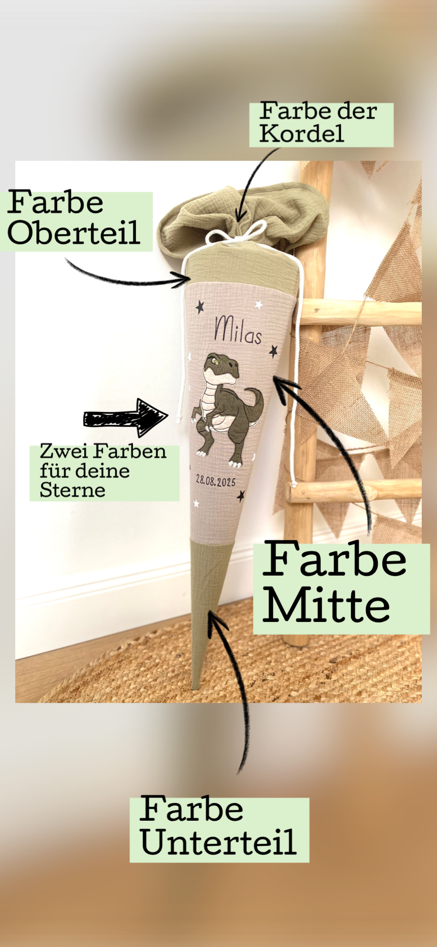 Dein Design | Musselin Schultüte | Color Blocking | T-Rex Dino 70 cm | Kissen Inlett