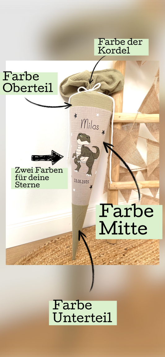 Dein Design | Musselin Schultüte | Color Blocking | T-Rex Dino 70 cm | Kissen Inlett