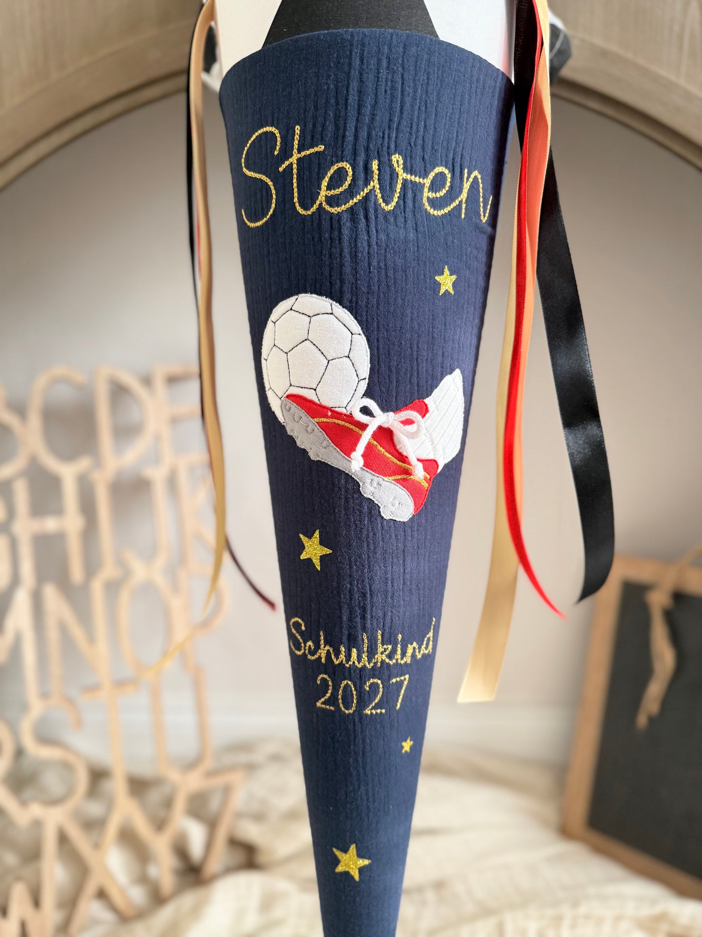 Musselin Schultüte 70 cm für Jungen, Fußball Schultüte - optional mit Inlettkissen, Schultüte aus Stoff