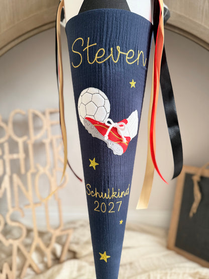 Musselin Schultüte 70 cm für Jungen, Fußball Schultüte - optional mit Inlettkissen, Schultüte aus Stoff