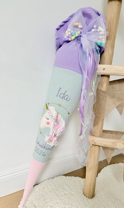 Musselin Schultüte 70 cm Wuschelkopf Einhorn  – personalisiert inkl. Rohling & Pompon Tüllschleife, optional mit Kissen-Inlett